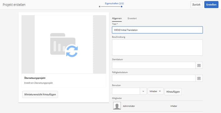 Registerkarte „Allgemein“ des Projekts