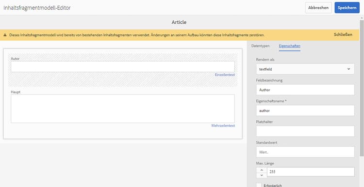 Details des Inhaltsfragmentmodell-Editors