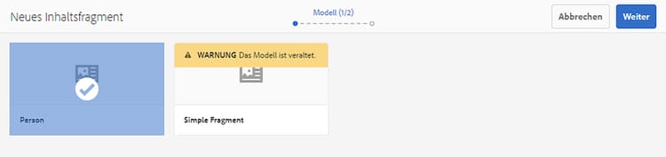 Auswählen des Inhaltsfragmentmodells