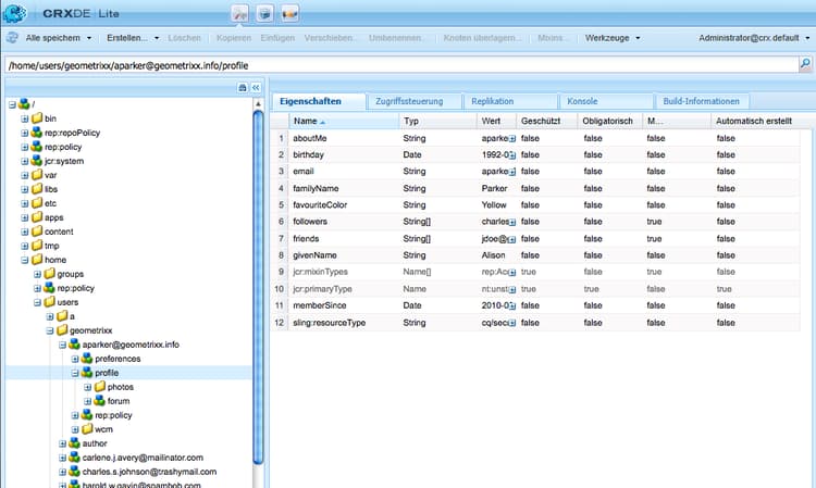 Alina Schmidts Daten in CRXDE
