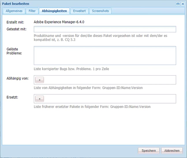 Registerkarte „Abhängigkeiten“