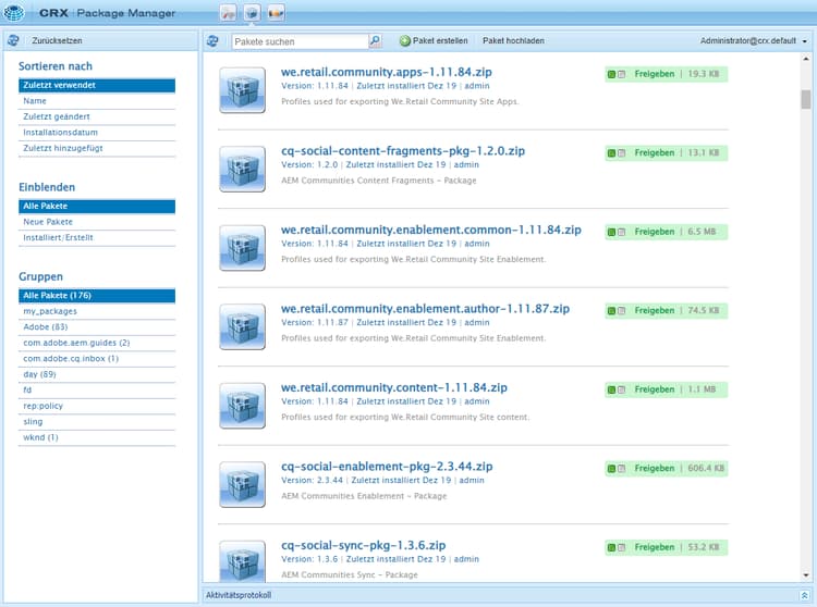 Benutzeroberfläche von Package Manager