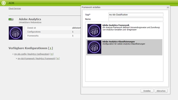 Dialogfeld „Framework erstellen“
