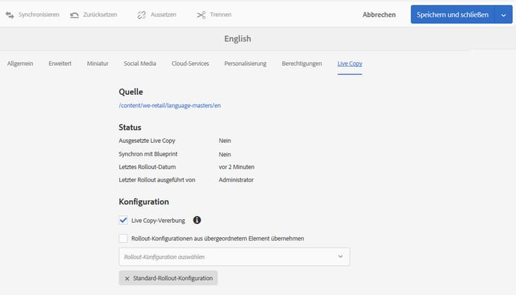 Auswählen der Live Copy
