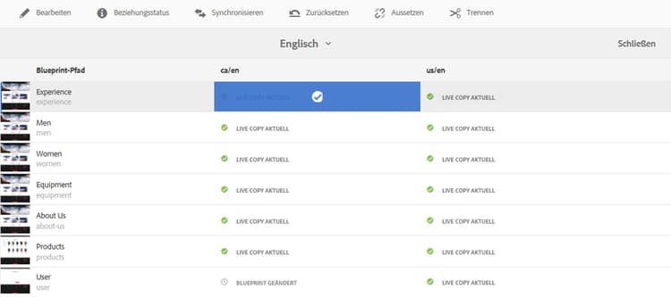 Live Copy-Seite ausgewählt – verfügbare Aktionen