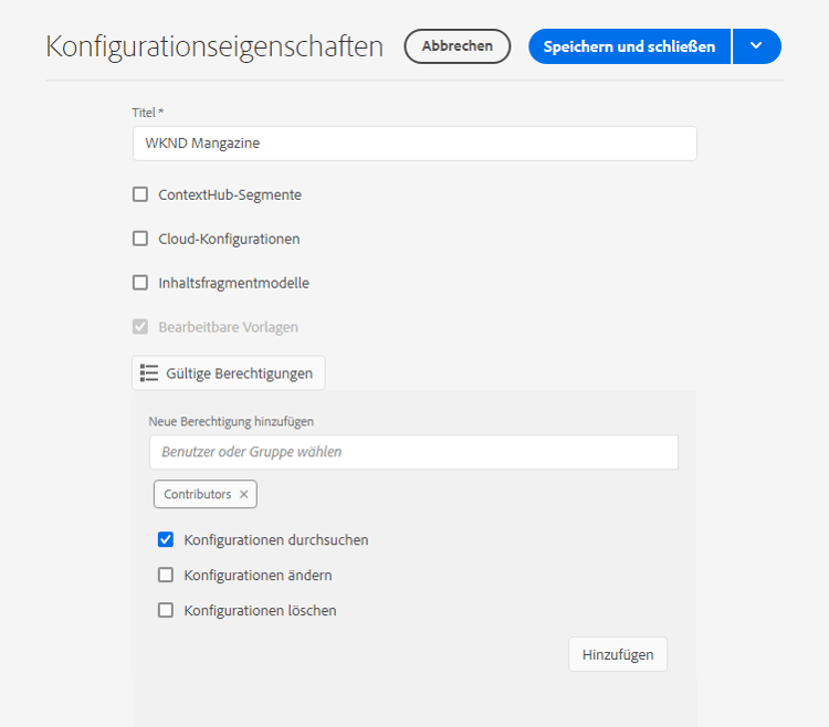 Zugriffsrechte zu einer Konfiguration hinzufügen