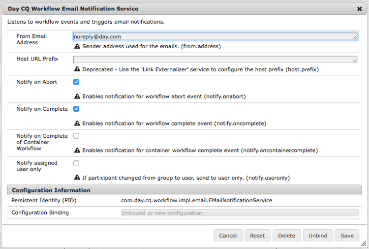 Das Konfigurationsfenster des Workflow-E-Mail-Benachrichtungsdienstes von Day CQ