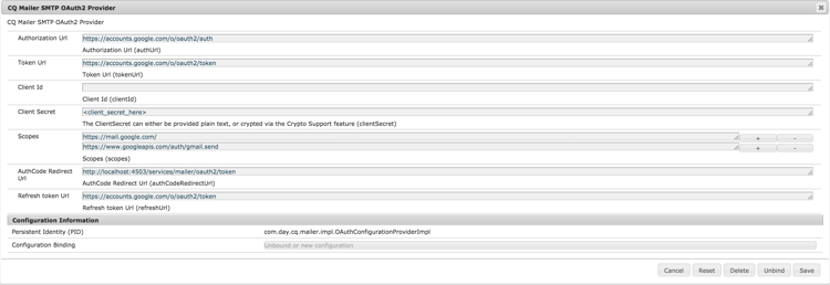 Das Konfigurationsfenster des CQ Mailer SMTP Oauth2-Providers