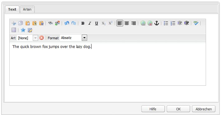 Dialogfeld in der klassischen Benutzeroberfläche mit einer Symbolleiste zur Bearbeitung