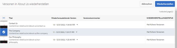 Version wiederherstellen – Seite auswählen