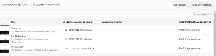 Version wiederherstellen – Liste aller Seiten im Ordner