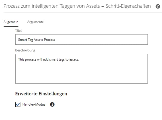 Konfigurieren des Workflows „DAM-Update-Asset“ und Hinzufügen des Schritts „;Smart-Tag“