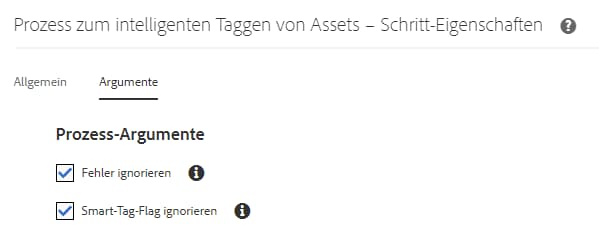 Konfigurieren des Workflows „DAM Update Asset“, um den Schritt „Smart-Tag“ hinzuzufügen und den erweiterten Handler-Modus auszuwählen