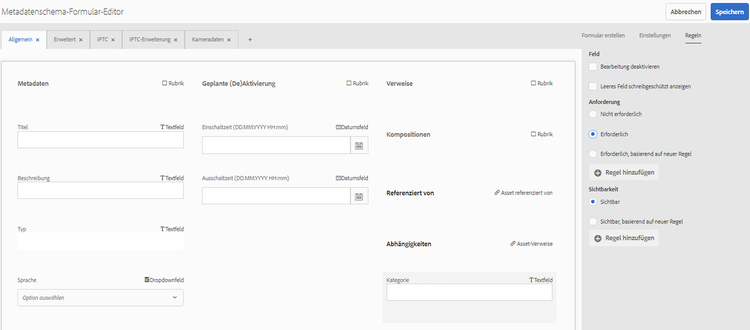 Hinzufügen eines Pflichtfeldes zum Metadatenformular, indem im Metadatenschema-Formular-Editor auf der Registerkarte „Regeln“ die Option „Erforderlich“ ausgewählt wird