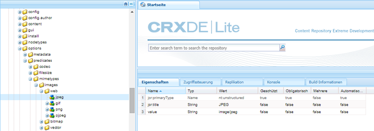 Die Werteigenschaft eines Dateityps, wie in CRXDE dargestellt, wird für funktionierende Suchabfragen verwendet.