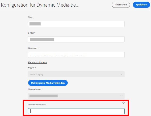 Textfeld „Firmen-Alias in Dynamic Media“