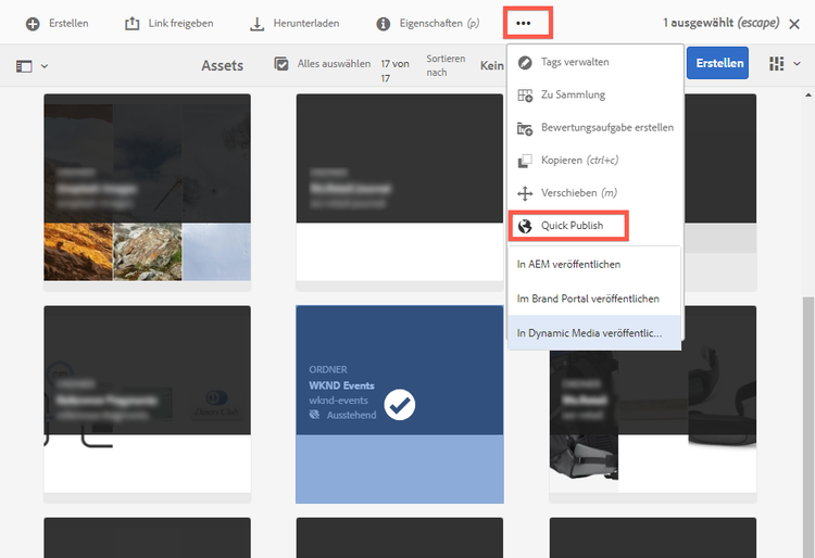 „Quick Publish“ auf der Ordnerebene in Dynamic Media