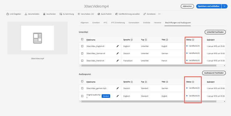 Hervorgehobene Spalte „Status“ für die Felder „Untertitel“ und „Audiospuren“