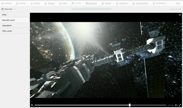 360-Grad-Videobeispiel mit der im Weltraum schwebenden internationalen Raumstation und der Erde und Sonne dahinter.