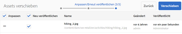 Sie können bereits veröffentlichte Assets beim Verschieben erneut veröffentlichen