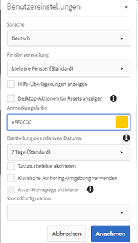 Asset-Startseite im Dialogfeld „Benutzereinstellungen“ aktivieren