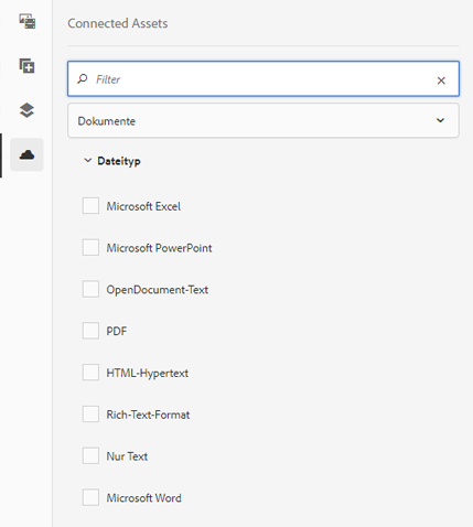Optionen zum Filtern von Dokumenttypen und Bildern bei der Suche nach Assets auf Remote-DAM