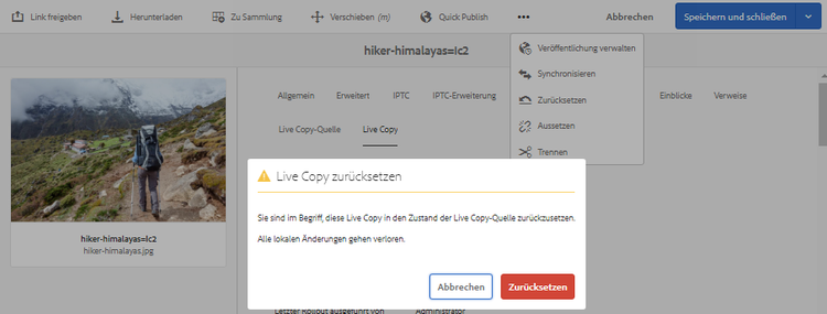 Aktion „Zurücksetzen“ – Überschreiben lokaler Bearbeitungen und Abgleichen der Live Copy mit der zugehörigen Quelle