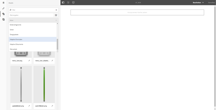 Auswählen des adaptiven Formulars unter „Assets“