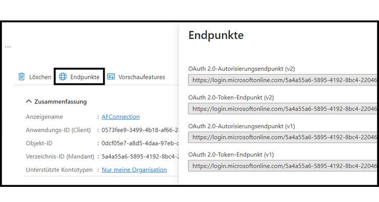 Verwenden Sie die Option „Endpunkte“ in der Benutzeroberfläche der Microsoft® Azure Active Directory-Anwendung, um die OAuth-URL zu finden.