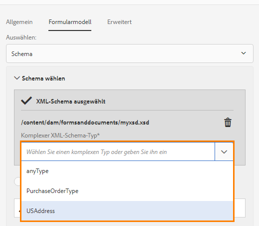 Wählen Sie einen komplexen Typ aus dem angegebenen XML-Schema-Modell.