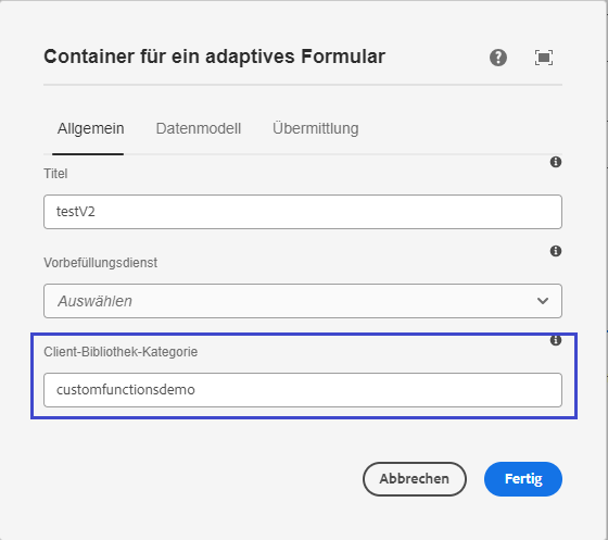 Hinzufügen des Namens der Client-Bibliothek in der Konfiguration des Containers für adaptive Formulare