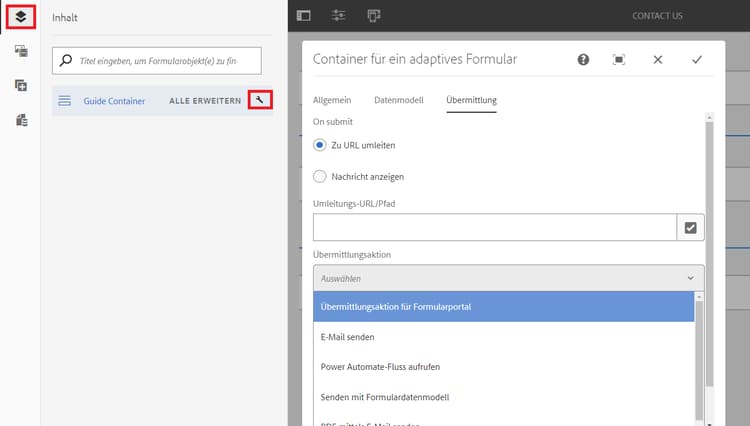 Klicken Sie auf das Schraubenschlüsselsymbol, um das Dialogfeld „Container für ein adaptives Formular“ zu öffnen und eine Übermittlungsaktion zu konfigurieren.