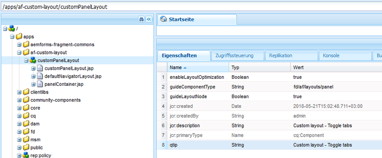 Abbildung des benutzerdefinierten Bedienfeldlayouts CRX DE