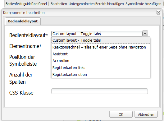 Benutzerdefiniertes Bedienfeld-Layout wird in der Liste der Bedienfeld-Layouts angezeigt