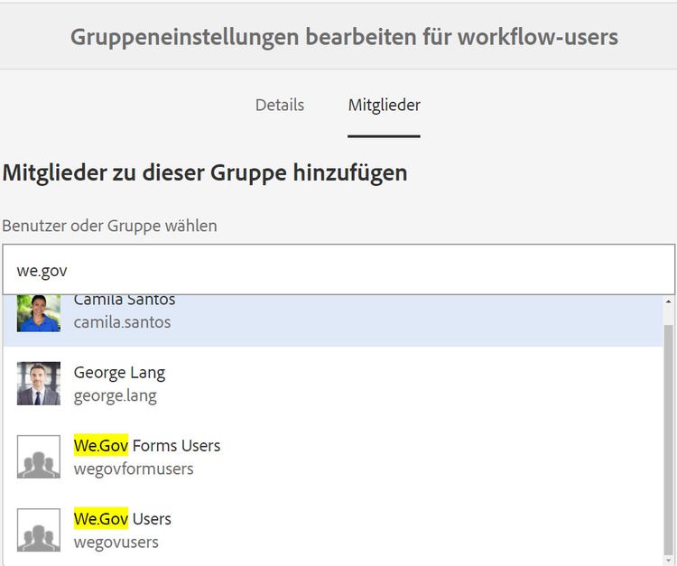 Bearbeiten der Gruppeneinstellungen für Workflow-Benutzer