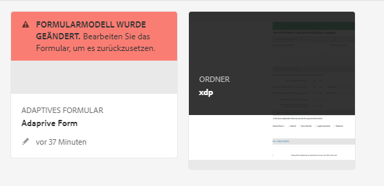 Warnung für ein unsynchronisiertes adaptives Formular nach dem Aktualisieren der zugehörigen XFA