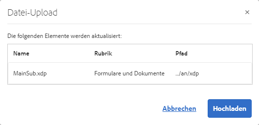 Upload-Dialogfenster beim Hochladen eines XFA-Formulars