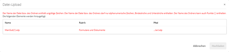 Fehlermeldung beim Hochladen eines XFA-Formulars