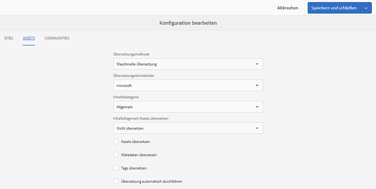 Eigenschaften der Übersetzungskonfiguration