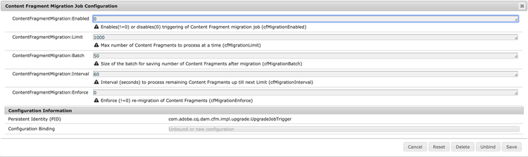 OSGi-Konfiguration für den Inhaltsfragmentmigrationsauftrag