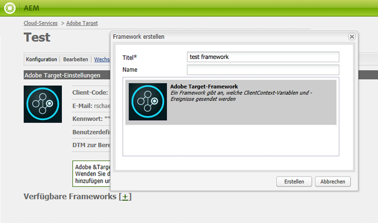 Dialogfeld „Framework erstellen“