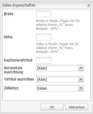 Dialogfeld „Zelleneigenschaften“; Festlegen einer Zeile (normalerweise die erste Zeile) als Überschriftzeile.