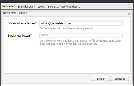 Einstellungen zum Testen eines Newsletters