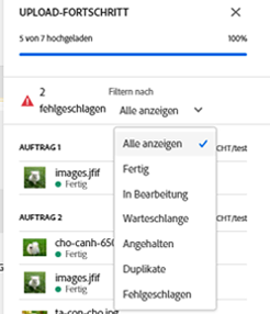 Filtern des Upload-Fortschritts nach dem Upload-Status