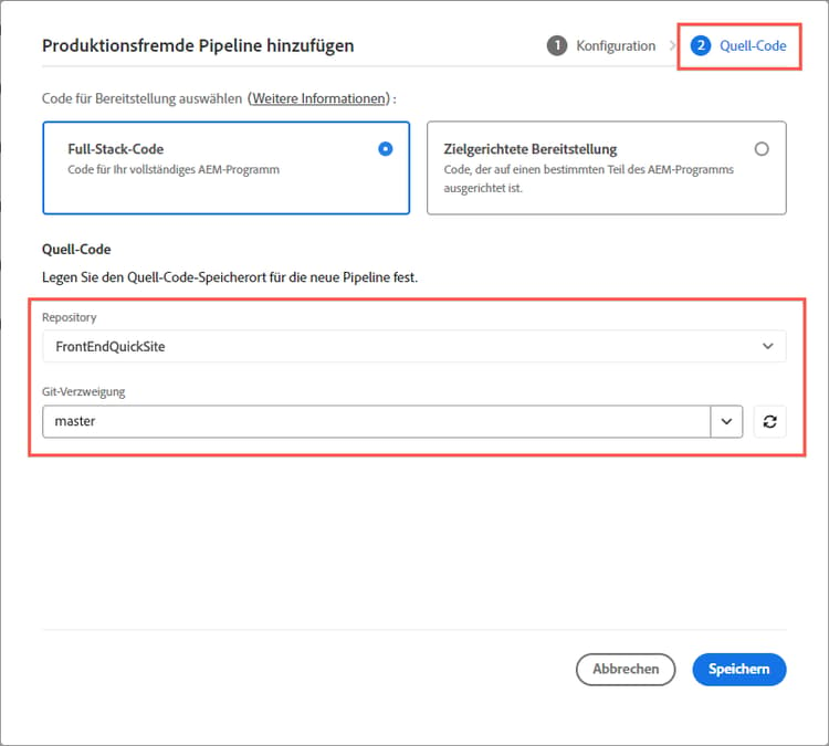 Quell-Code-Repository der Pipeline und Git-Verzweigung