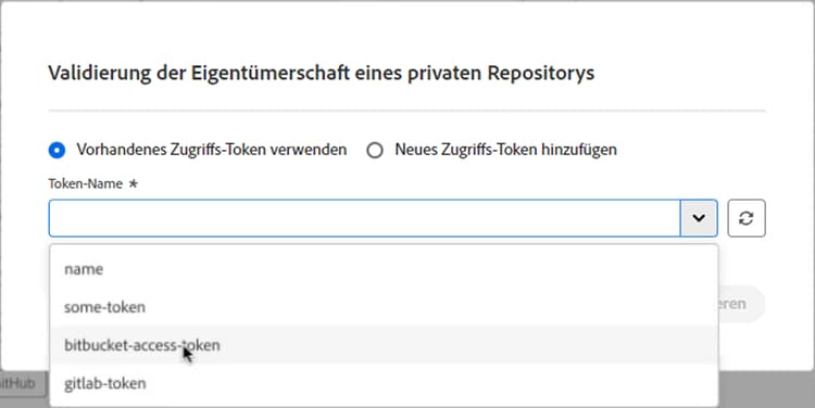 Auswählen eines vorhandenen Zugriffs-Tokens für ein Repository