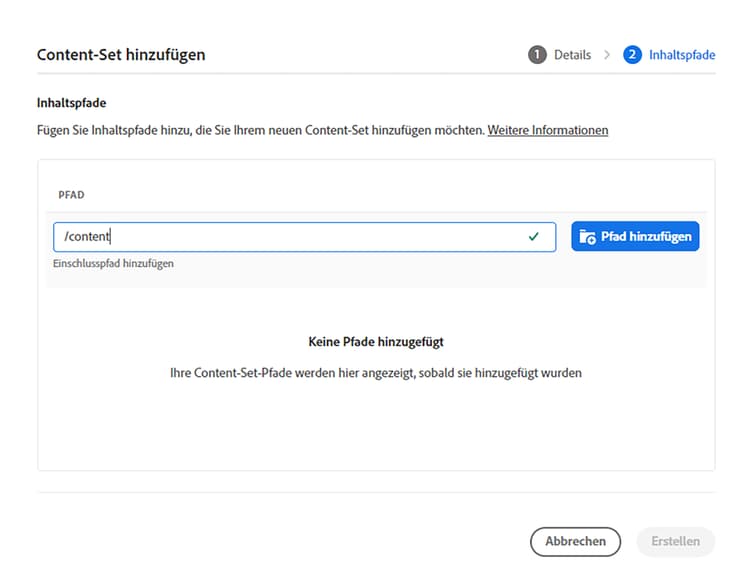 Hinzufügen von Pfaden zu einem Content-Set