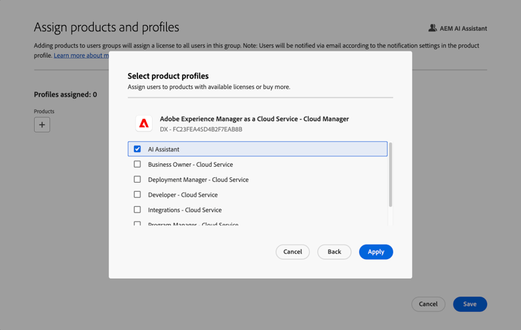 Die Seite „Produkte und Profile zuweisen“, die das Dialogfeld „Produktprofile auswählen“ anzeigt und das Produktprofil „KI-Assistent“ ausgewählt ist