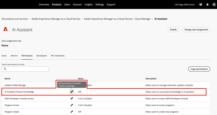 Registerkarte „Berechtigungen für KI-Assistenten“ in Admin Console