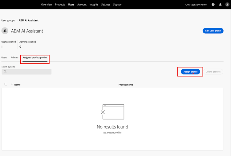 KI-Assistent in der AEM-Benutzergruppenseite mit ausgewählter Registerkarte „Zugewiesene Produktprofile“